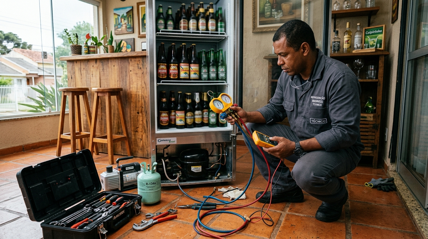 Profissional executando reparo no motor de cervejeira em Rústico, Volta Redonda‑RJ