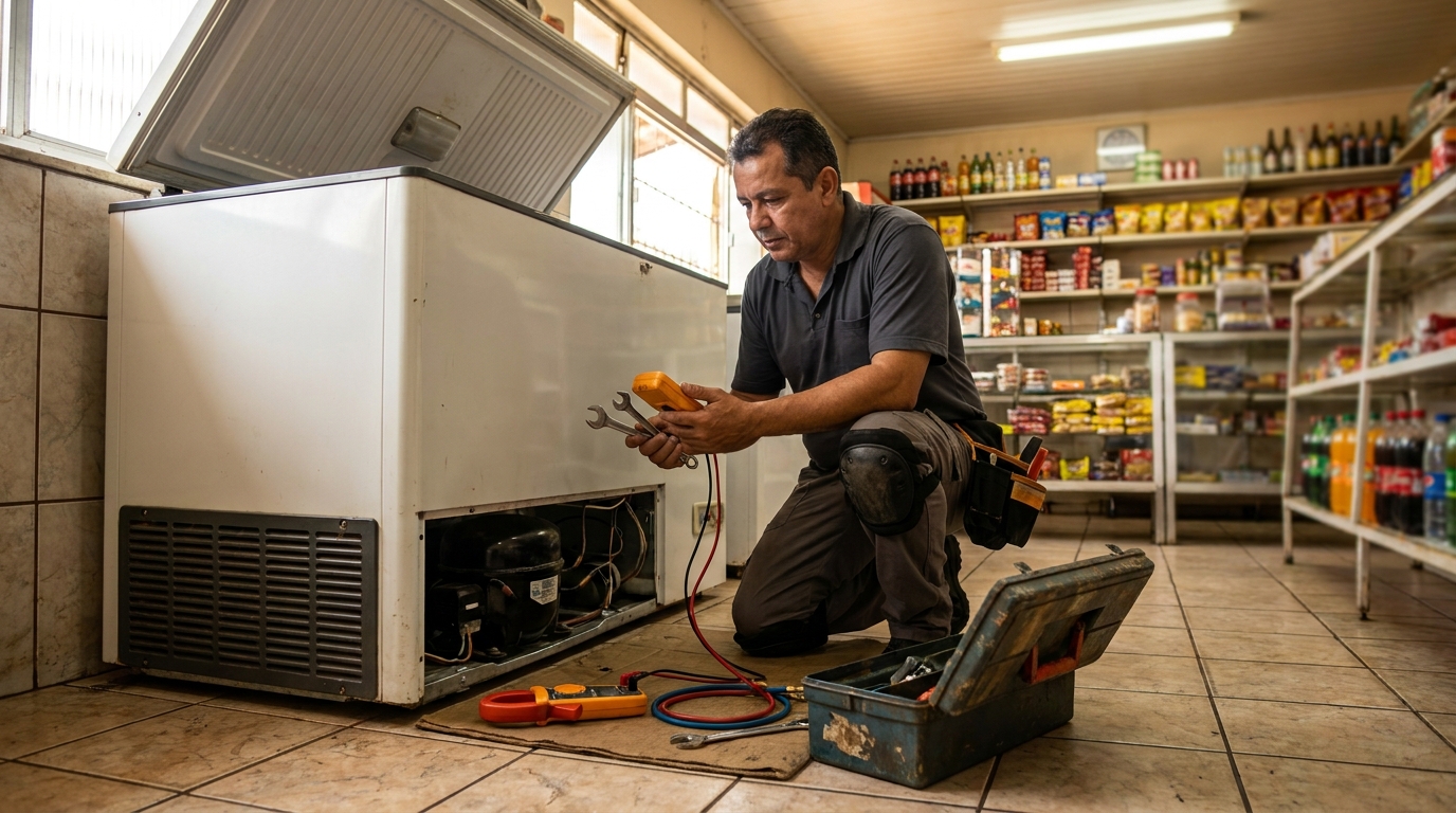 Profissional executando manutenção no motor de freezer em Volta Redonda‑RJ