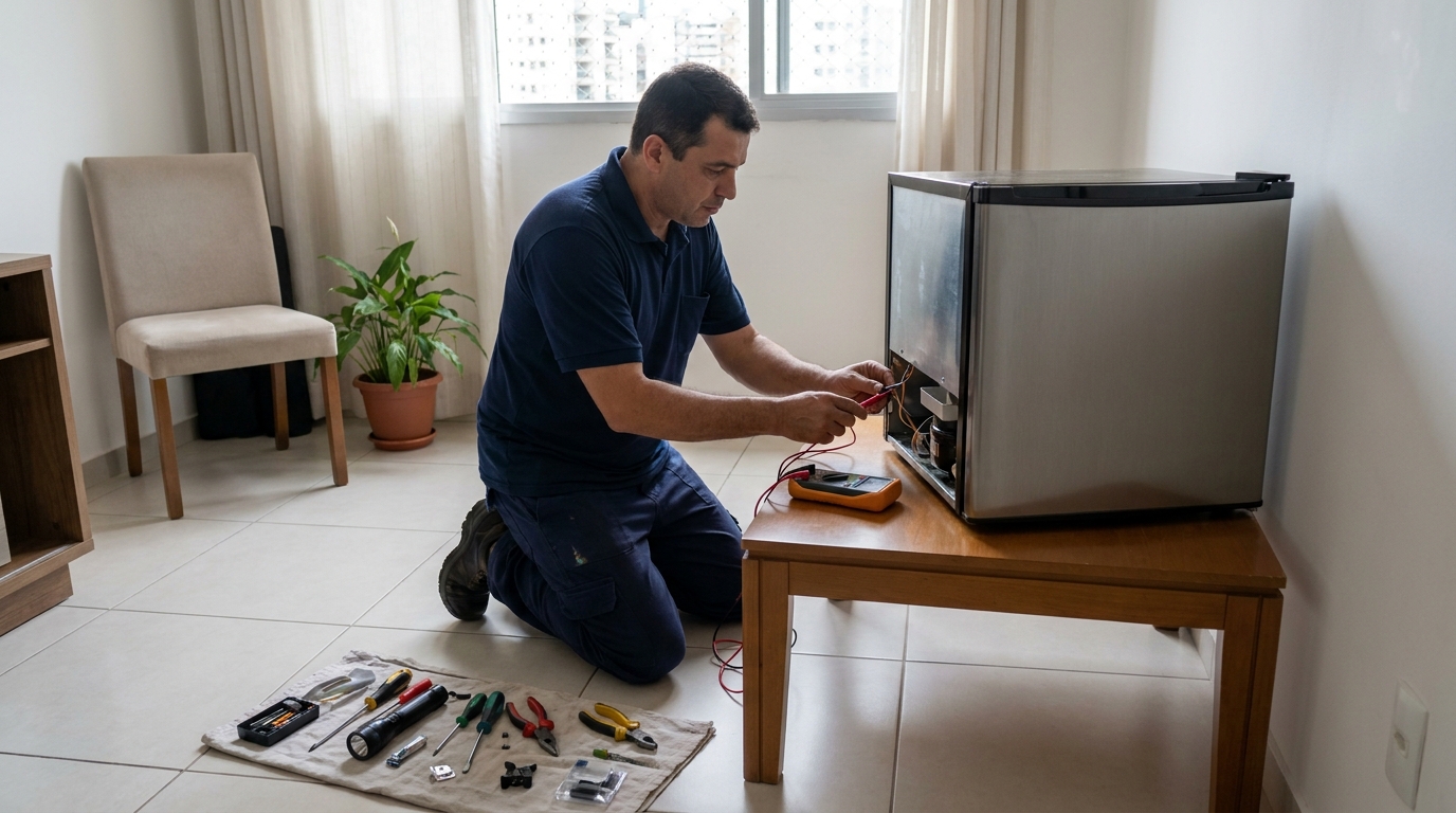 Técnico fazendo manutenção do motor de frigobar em Volta Redonda‑RJ