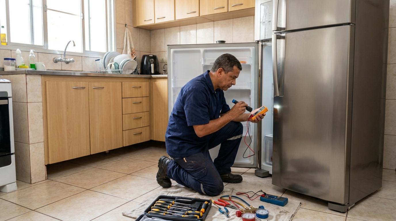 Técnico aplicando recarga de gás refrigerante em geladeira em Volta Redonda‑RJ