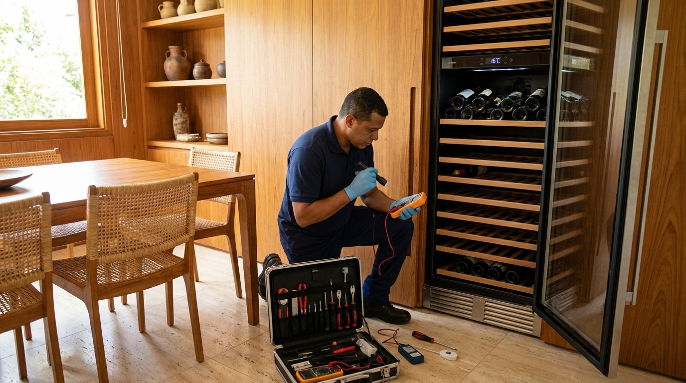Substituição de termostato em adega climatizada em visita técnica em Volta Redonda‑RJ