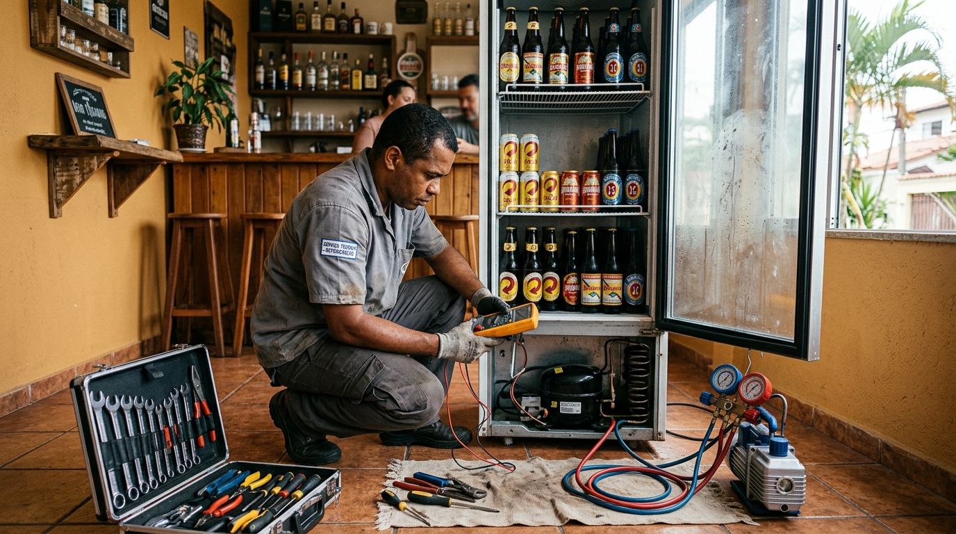 Substituição de termostato de cervejeira em serviço técnico em Rústico, Volta Redonda‑RJ